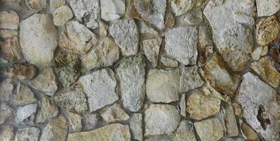 A close up of a stone wall with many different types of rocks photo