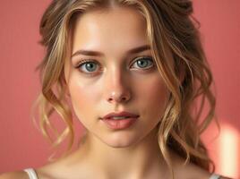 Candid Portrait of a Cute Young Woman with Beautiful Eyes and Blonde Hair, Looking at the Camera Against a Pink Background photo