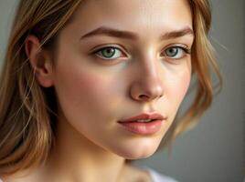 Close-up of a Pretty Woman with Blonde Hair and a Subtle Smile, Gazing at the Camera with Beautiful Eyes Against a Bokeh Background photo