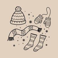 A set of winter clothes consisting of a knitted beanie hat, scarf, mittens, socks. Black and white drawings with contour lines and patterns. Design elements of cliparts for winter clothes. Fash. illustration vector