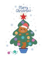 A Christmas and New Year card with a funny cute cat. A pet cat is sitting in a Christmas tree, playing with toys and hitting them. Flat hand-drawn pattern for a winter holiday print vector