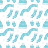 Seamless pattern, knitted blue hats and scarves with snowflake ornament. Christmas background, print, textile, vector