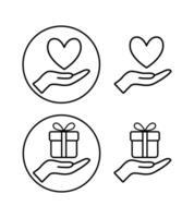 icon set, icon of a hand holding a gift and a heart. A set of icons in your hand. Hands holding a gift and a heart-shaped badge. Hands holding a gift and a heart in a flat and linear style. vector