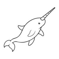 Simple black and white line drawing of a cute narwhal with a long spiraled tusk, playful and minimalistic design vector