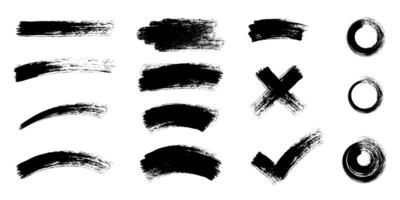 illustration of a set of grunge brush strokes. Strokes and markers in the form of a cross, a check mark and a circle, hand-drawn with a wide brush vector