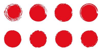 Set of red grunge circles. Stamp with jagged edges. Japanese sun isolated on white background. vector