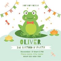 Happy birthday invitation card with cute frog. Invitation card template. vector
