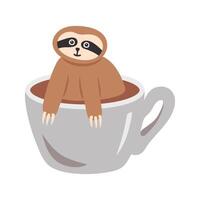 Sleepy sloth relaxing inside coffee cup cartoon. Hand drawn funny tropical bear vector