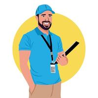 store salesman illustration design with blue uniform with white and yellow background salesman character vector