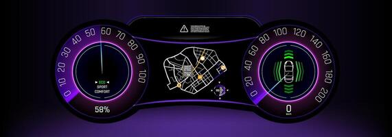 Modern digital dashboard display showcasing vehicle navigation and speed metrics in a sleek design. vector