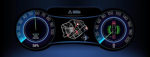 Modern digital dashboard display showcasing vehicle navigation and speed metrics in a sleek design. vector