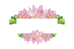 Pink lotuses, buds, flowers and leaves. Rectangular frame, isolated on background. Watercolor illustration. Blank For design, decor and printing, typography and postcards png