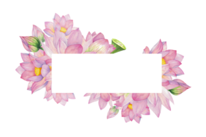 Pink lotuses, buds and flowers. Rectangular frame, isolated on background. Watercolor illustration. Blank For design, decor and printing, typography and postcards png