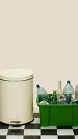 A trash can and a bottle on a checkered floor photo
