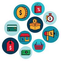 Circular shopping and finance icon collection, vector