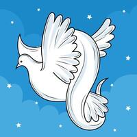 White dove with extended wings in blue sky, vector