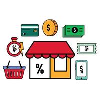 Shopping and finance icons around storefront, vector