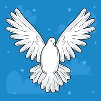 Flying white dove on blue sky background, vector