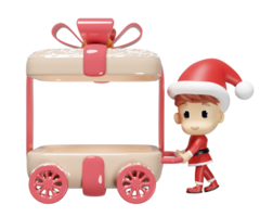 3d Santa Claus pushing open gift box on wheels isolated. merry christmas, festive new year concept, 3d render illustration png