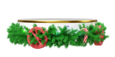 3d cylinder stage podium empty with wheels, wreath pine leaves, candy cane, lantern garlands isolated. merry christmas, festive New Year, 3d render illustration png
