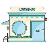 Modern laundry shop with round window, vector