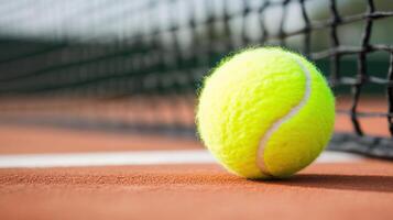 Tennis ball on clay court near net, dynamic action and excitement. photo