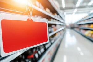 Empty red sign hanging in a grocery store aisle with blurred products. photo