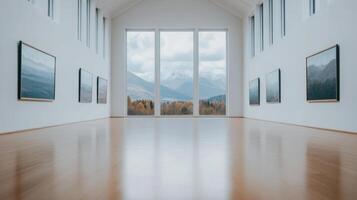 Modern gallery interior with large windows and scenic mountain views. photo