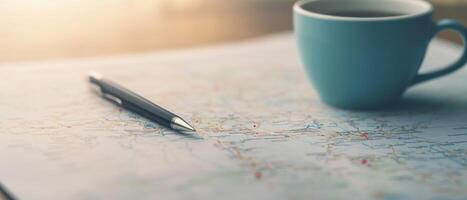 Coffee cup and pen on a travel map, warm natural light, calming workspace setup. photo