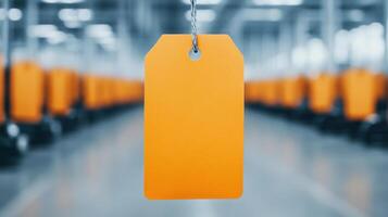 Orange label tag hanging in an industrial setting, blurred background. photo