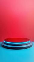 Modern display podium with vibrant colors and geometric shapes. photo