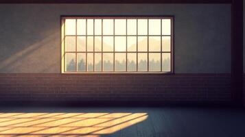 Sunlit interior space with a large window illuminating the floor. photo