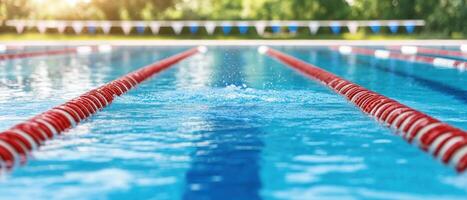 Swimming pool with red lanes under bright sun and clear water. photo