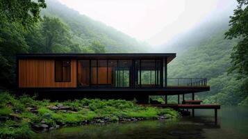 Modern house design by the river surrounded by lush greenery and misty mountains. photo