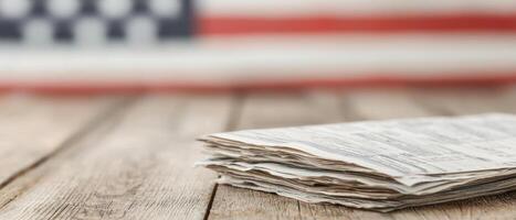 Detailed tax forms on desk with American flag in background, symbolizing national pride in business management, patriotic finance, US business photo
