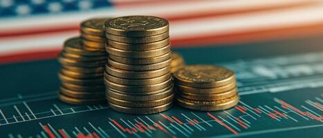 Stacks of coins on a financial chart with a blurred American flag in the background, symbolizing economic growth and investment. photo