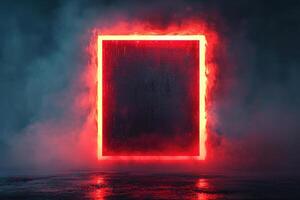 A mesmerizing glowing portal framed in red, set against a dark, misty background, evoking mystery and intrigue. photo