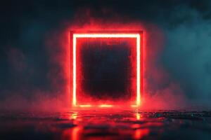 A stunning red neon frame stands against a smoky backdrop, creating a surreal atmosphere of light and shadow. photo