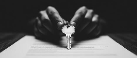 A close-up of hands holding a key above an important document, symbolizing access and decisions. photo