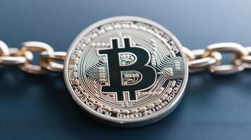Close-up of a Bitcoin coin on a chain, symbolizing digital currency and investment. photo
