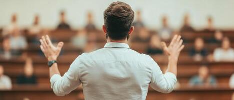 A confident speaker addresses an audience in an engaging presentation. photo
