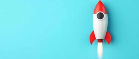 A stylish rocket ship launching against a bright blue background, symbolizing innovation. photo