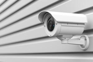 Close-up of a modern security camera mounted on a sleek wall. photo