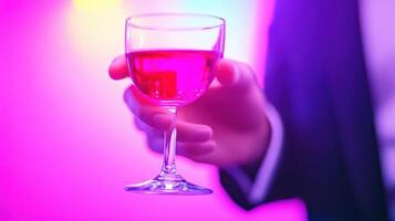 Elegant hand holding vibrant pink cocktail glass against colorful backlit setting. photo