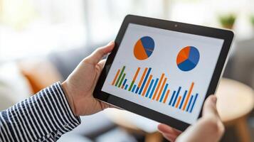 Person analyzing data on a tablet with colorful graphs in a professional setting. photo