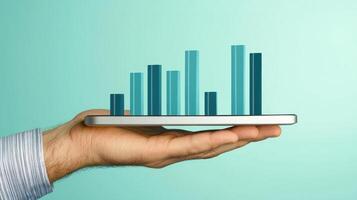 A hand holding a tablet displaying colorful bar graphs representing data analysis. photo