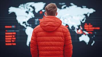 A person in a red jacket observing a digital world map with data visualizations. photo