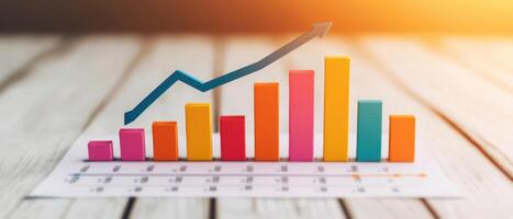 Colorful graph showing growth trends on a wooden desk in a bright setting. photo