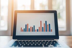 Close-up of a laptop displaying colorful bar graphs for business analysis. photo
