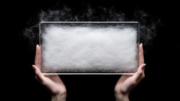 Hands holding a glass box filled with mist, showcasing the beauty of science and discovery. photo